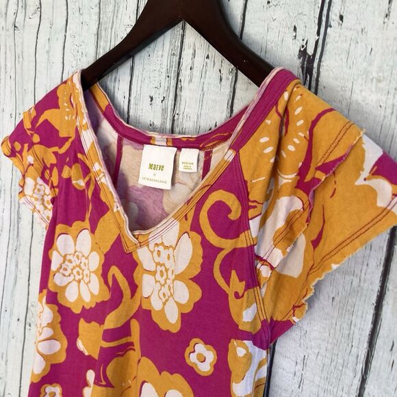 Anthropologie Maeve Catie Ruffle Sleeve Top Size M Bright Floral Orange Pink - Picture 3 of 10